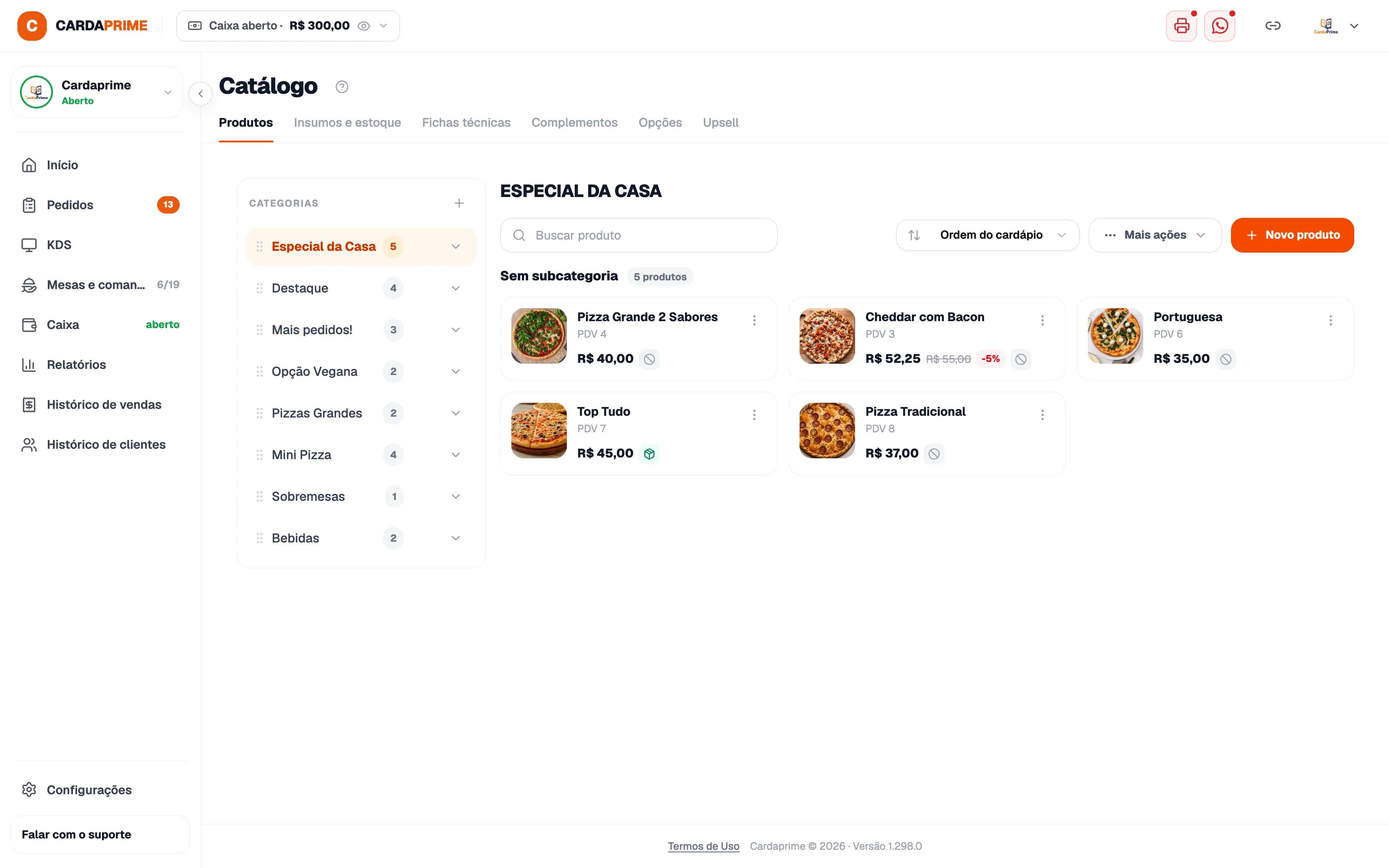 Cadastro de produtos e cardápio no painel